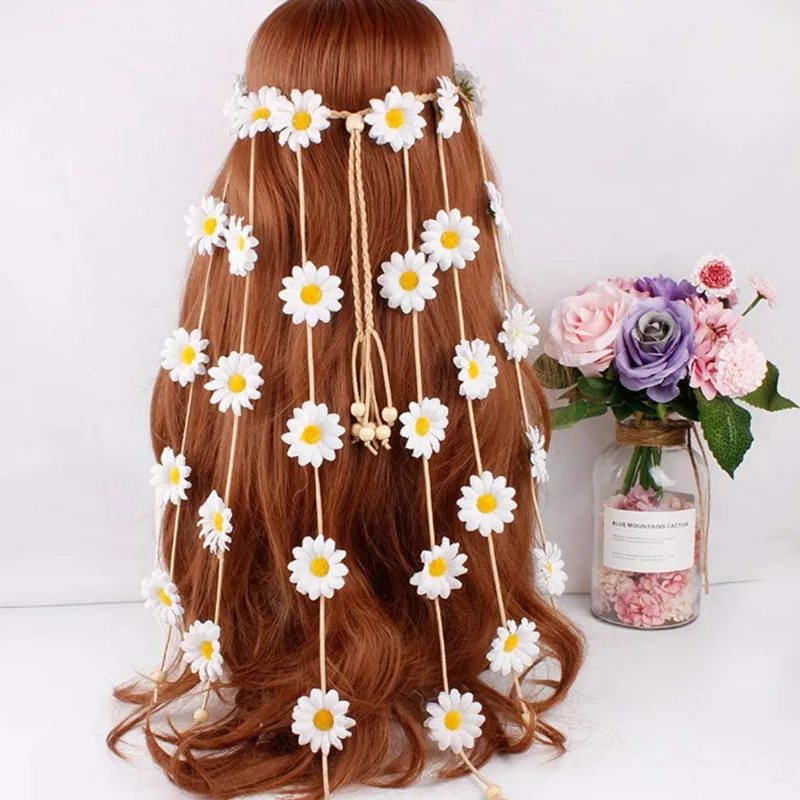 

6 pack Sunflower Headband Flower Daisy Hippie Indian Boho Hair Bands Tassel Bohemian Floral Beads Hair Hoop Women Decoration