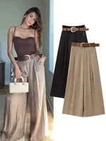 HH, nueva moda para mujer, cinturón liso, arrugas, decorar, pantalones sueltos informales, pantalones de pierna ancha ajustados con bolsillo lateral y cremallera elegante para mujer