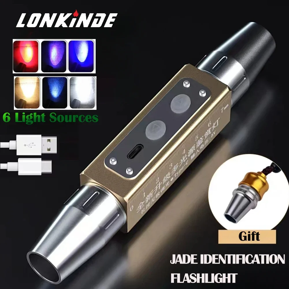 Linterna portátil con 6 fuentes de luz, antorcha de Jade de 365/395NM, inspección, luz ultravioleta UV, lámpara de identificación, antorcha LED