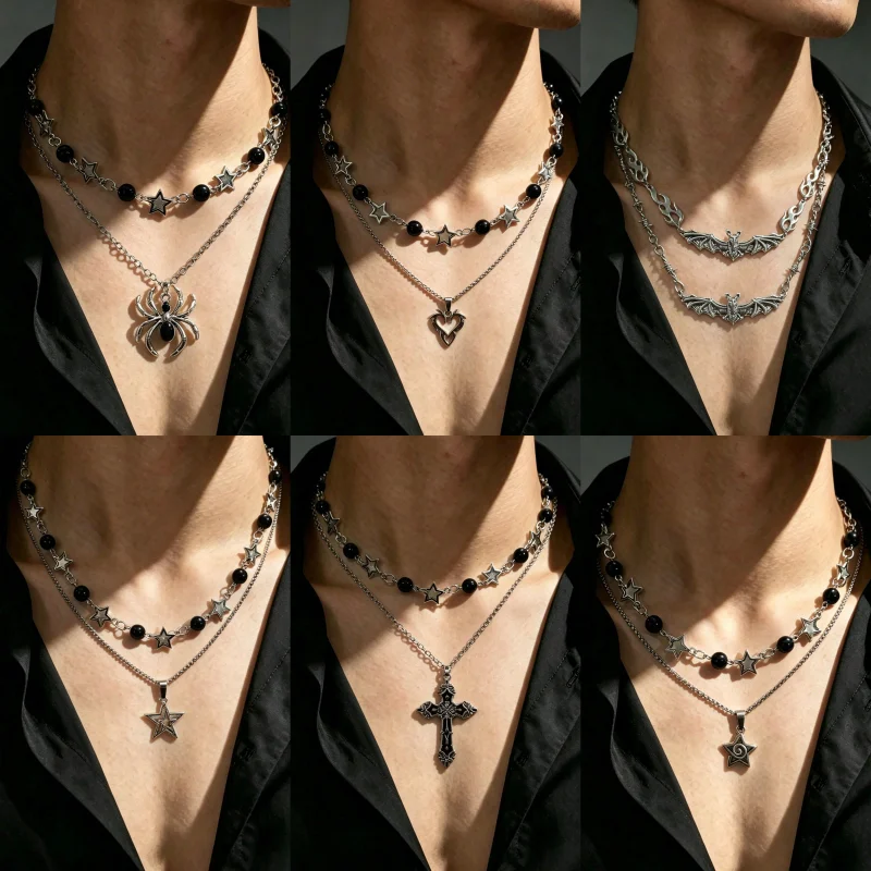 Multi style Y2K double-layer necklace set, black pearl star collarbone chain pendant, silver layered necklace, punk jewelry