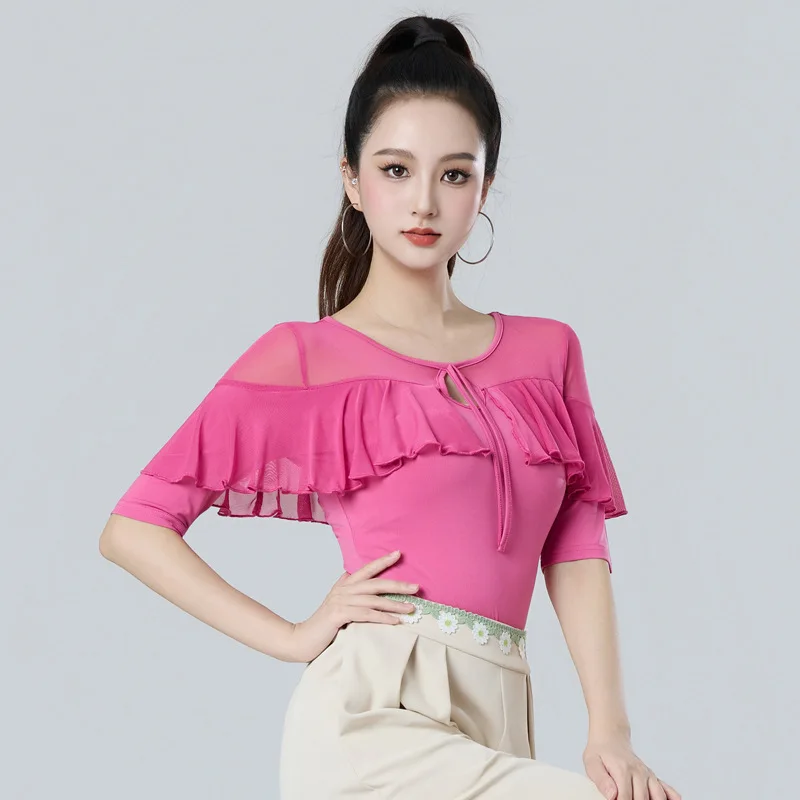 2025年夏 ラテンダンス衣装 レディース トップス 新作 モダンダンス ギタバダンス衣装 メッシュスプライシング ブラック ミドルスリーブ