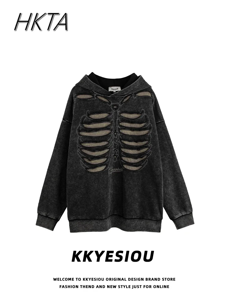 Punk Design Trendy Brand Skull Ripped Hip Hop Hooded Sweatshirt Men and Women Oversize Washed Couple Jacket Hoodies Pullover Y2K