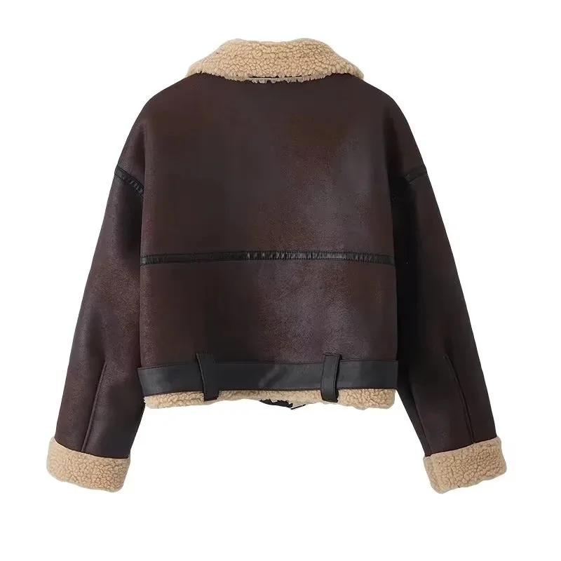 PULABO Autumn Women Fashion Thick Warm Faux Shearling Jacket Coat Vintage Long Sleeve Belt Hem Female Outerwear Chic Tops