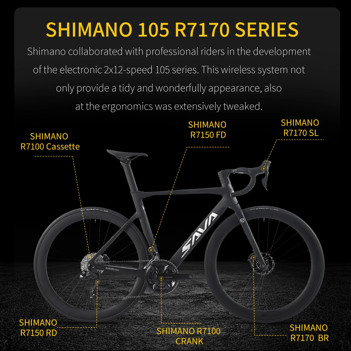 SAVA Full Carbon Fiber Electronic Shift Road Bike with SHIMAN0 7170 DI2 24-Speed Disc Brakes Ultralight Race Bike