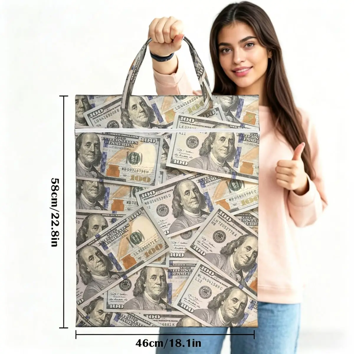 New Hundred Dollar Bills Money Attraction Travel Laundry Bag Waterproof Reusable Dirty Clothes Pouch Gym Camping Washing Basket