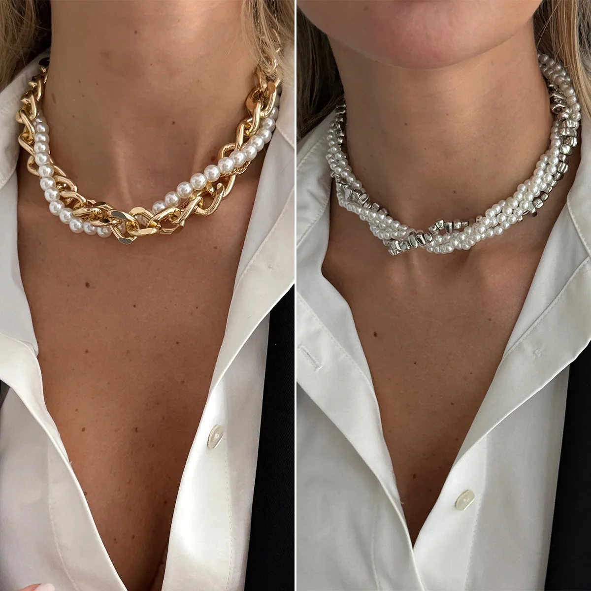 Necklace Vintage Silver Geometric Chain Wrapped Faux Pearl Layered Irregular Design with Strong Lobster Clasp for Women Casual