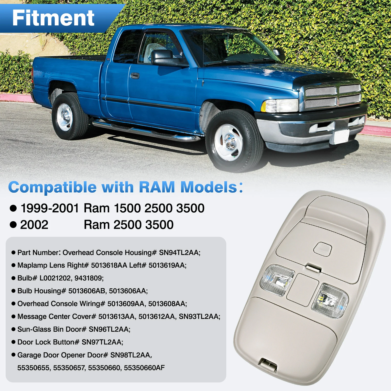 

Car Overhead Console Dome Map LED Reading Light Lamp SN96TL2AA For Dodge Ram 1500 2500 3500 4500 5500 1991-2001