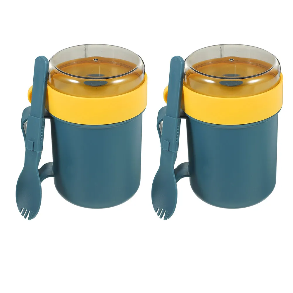 Taza de desayuno de plástico para microondas, taza para sopa con tapa y cuchara, recipiente portátil para sopa de estilo japonés, recipiente para cereales, taza para aperitivos, 2 uds.