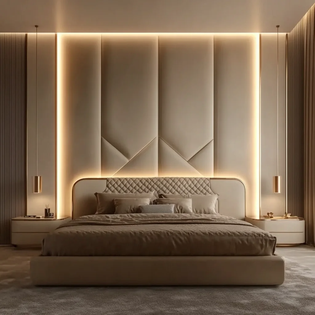 ！@Sale Modern Futuristic Bed Stand Platform Bed With Led Light Floating Nightstands King Queen Double Size Upholstered Fabric Be