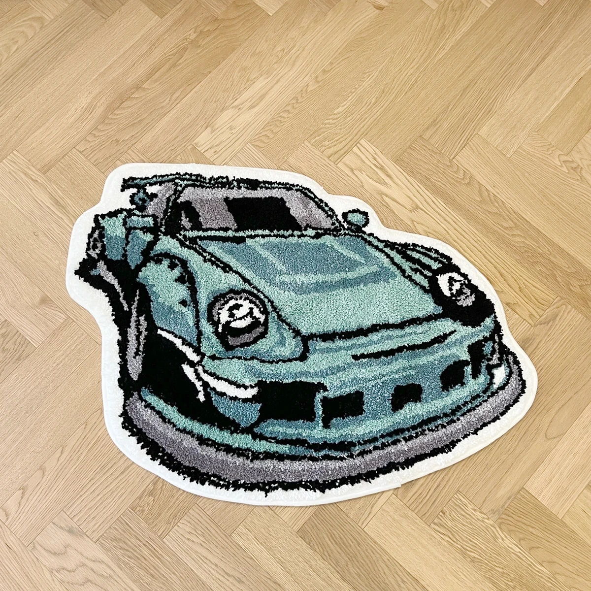 Enthusiast Green Sports Car Shaped Flocking Rug Irregular Geometric Carpet Bed Side Anti Slip Floor Pad Doormat Aesthetic Home