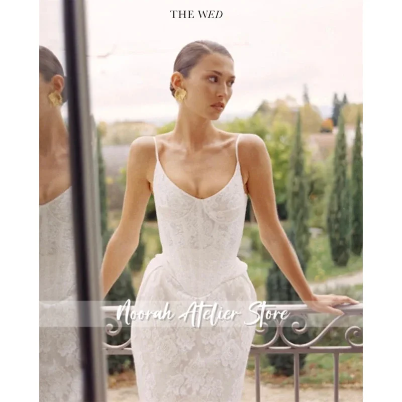 Customized White Spaghetti Strap Wedding Dress Sleeveless Lace Bridal Gown Elegant Mermaid Ankle-Length Wedding Gown 2026