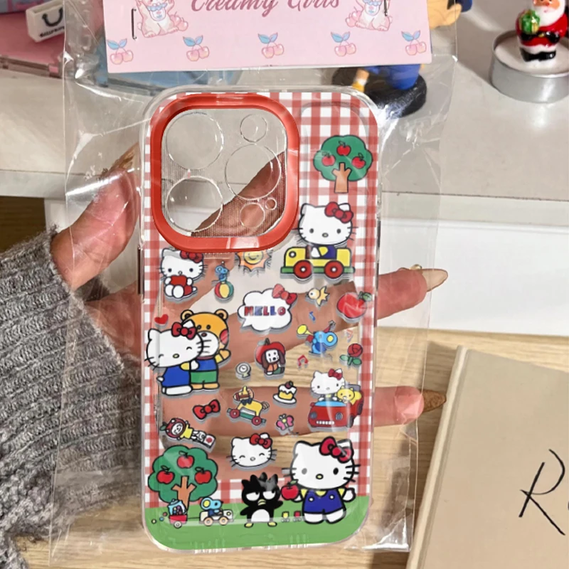 Sanrio Red Checkered Hello Kitty Phone Case For iphone 15 14 13 PRO MAX 11 12 13 PRO XR 8 PLUS Cute KT Cat Anti Drop Y2k