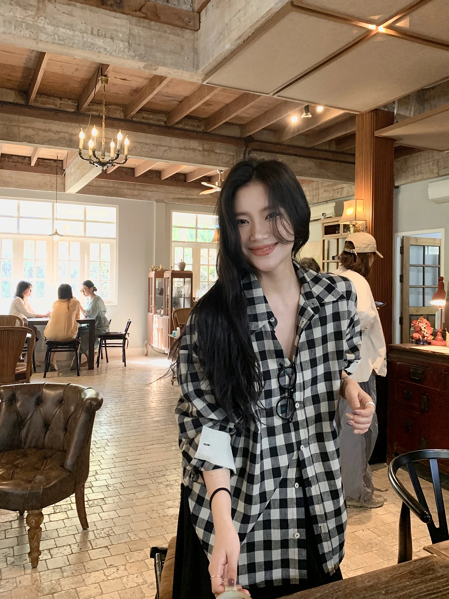 

DaqianwithU Spring Casual Loose Women's Long Sve irt Plaid Patterned Straight Cut Commute Friendly Versatile Cotton Blend