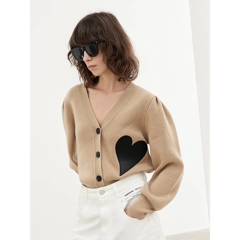 2022 V Neck Sweater Cardigans Spring Chic Love Decoration Loose Knitcoat Long Sleeve Short Knitted Cardigan Roupa Feminino