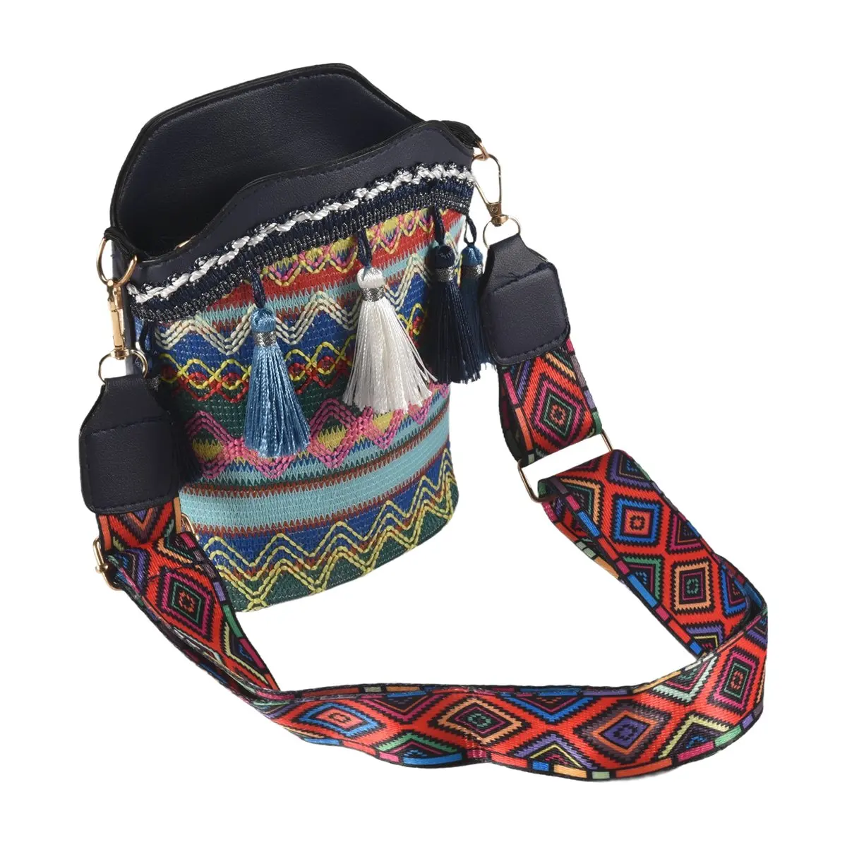 【RELAXATION】Fashion Bohemian Ethnic Style Women's Straw Woven Shoulder Messenger Bag Retro Casual Tassel Bucket Bag Navy Blue
