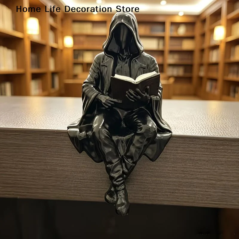 【H】Grim Reaper Reading Statue Resin Black Hooded Skull Miniature Figurine Halloween Home Desktop Ornaments Gothic Decor
