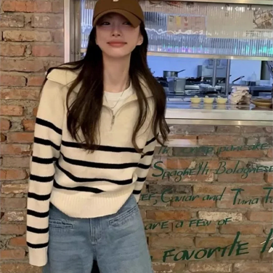 

Миниатюрный свитер с воротником-молнией в стиле ретро, свободный повседневный универсальный полосатый вязаный топ с длинными рукавами для женщин, 3099 #