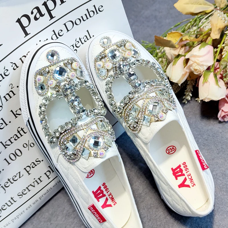 Original Design Luxury Rhinestones Women Wedding Sneakers Bling Crystals Hollow Out Casual White Canvas Shoes Flat Tennis Shoes