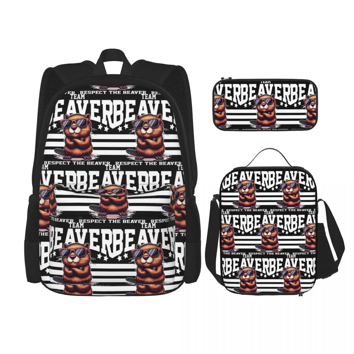 Team Beaver Respect The Beaver Backpacks Boys Girls Bookbag School Bags Rucksack Lunch Bag Pen Bag Three-Piece Set