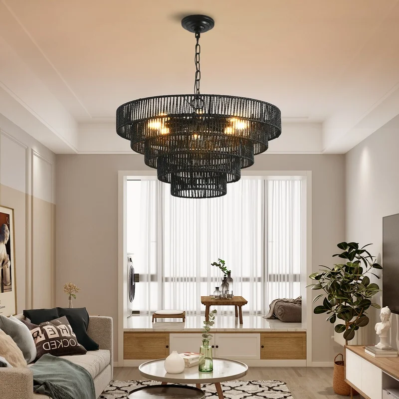 

24" Rustic 5-Tier Black Hemp Rope Pendant Light with 8 E12 Sockets, Boho Farmhouse Ceiling Fixture for Dining Room, Kitchen, Entryway (Bulb Not Included)