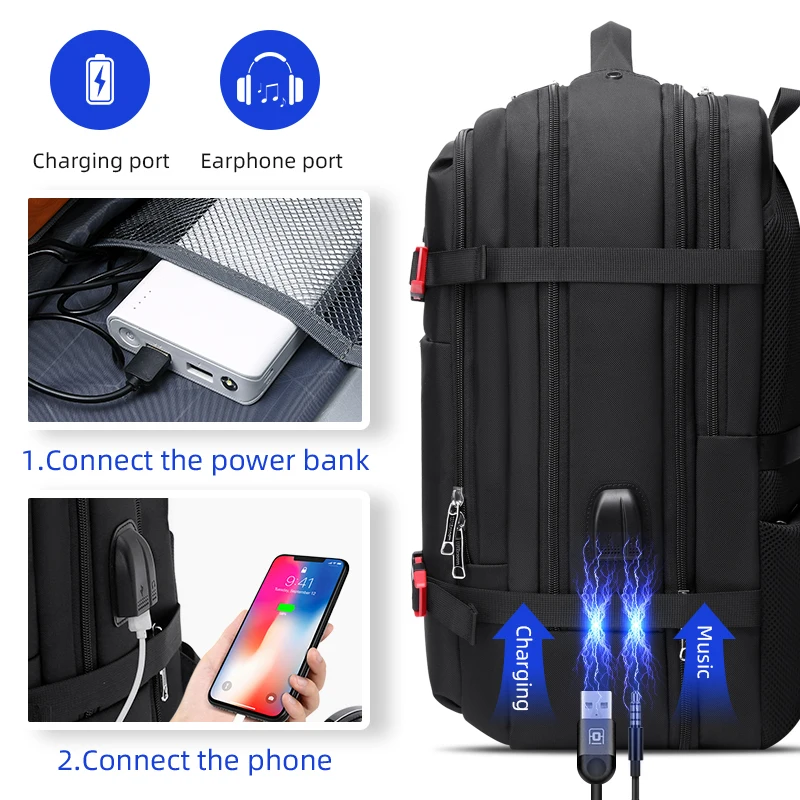 50L Male Expandable Large Capacity Traveling Backpack for 18 inch 17 inch Laptop Men's Backpack Approved Weekender Bag