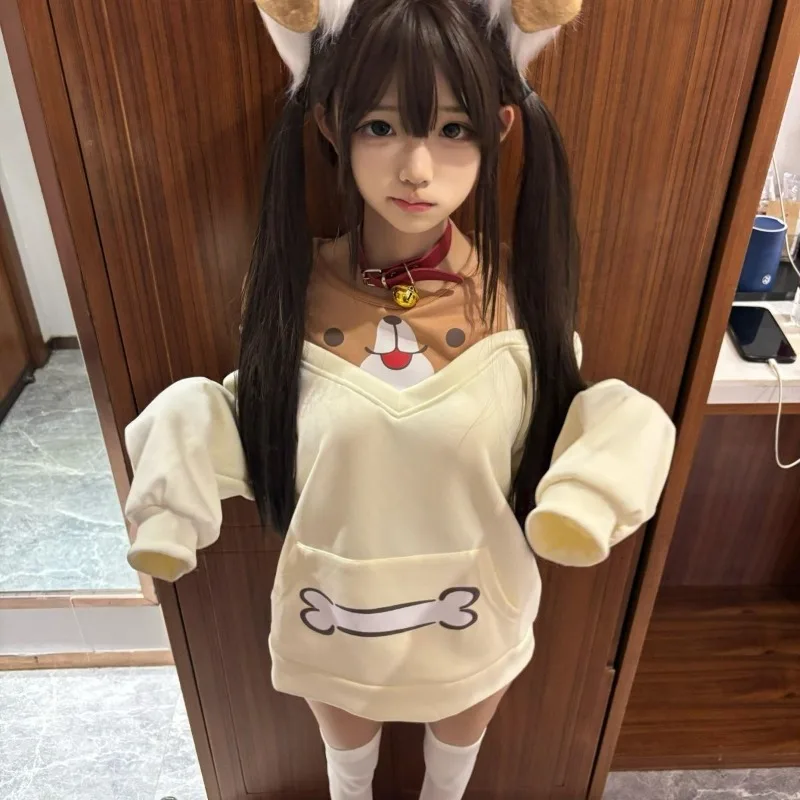 

Japanese Kawaii Sweatshirts Y2k Off Shoulder Tops Sweet Hoodie for Women Girls Cartoon Dog Print Sweatirt Anime Cosplay Costume