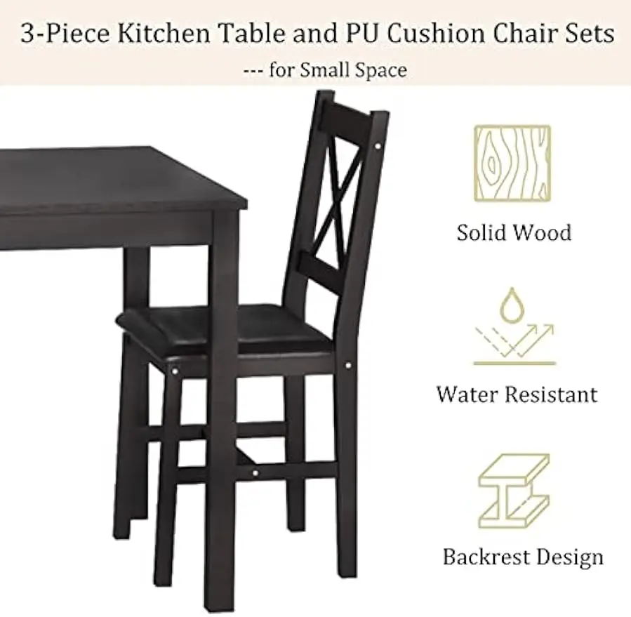 Kitchen Table Set 3 Piece Dining Table Set Sturdy Wooden Square and Chair Breakfast Set for 2 Person, Small Dining