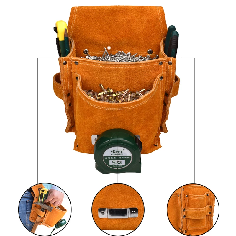 Multifunction Cowhide Cloth Toolkit Electrician Instrument Hardware Storage Pouch Waist Belt Tool Bag Hammer Ruler Storage