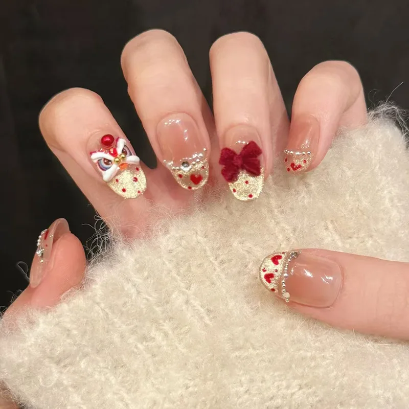 

30pcs Champagne Cat Eye Press-On Nails - Blushing French Tips With 3D Bow & Lion Pearl Accents Medium Almond False Nails