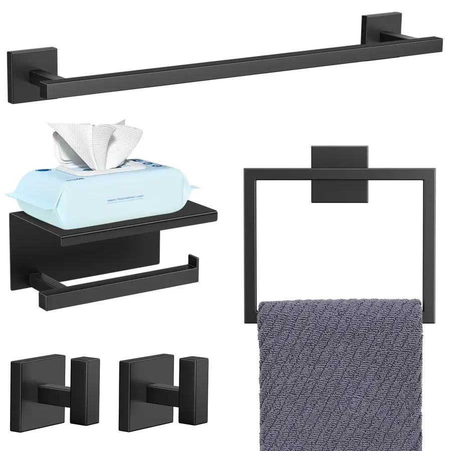 

5Pieces Matte Black Bathroom Hardware Accessories Set 23.6 Inch Towel Bar Set Upgraded Toilet Paper Holder with Shelf Stainless