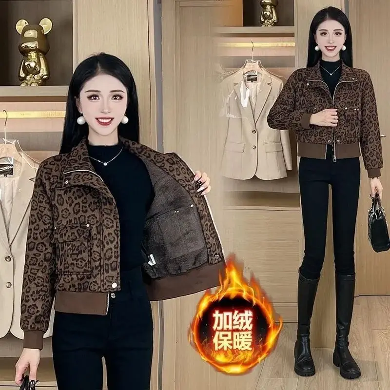 Spring Autumn New Female Velvet Super Good-looking Leopard Print Short Coat Women Small Fragrant Jacket Fashion Tops Outerwear