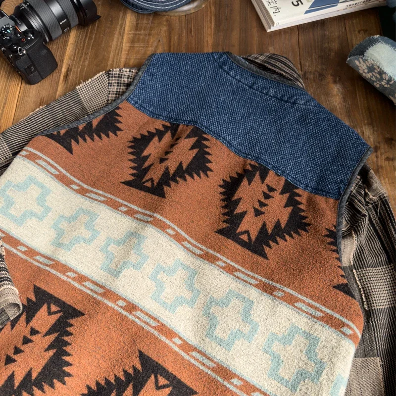 Japanese Men's Indigo Washed Retro Sword Cloth Ethnic Style Patchwork Loose Casual Vest Versatile Jacket for Men and Women