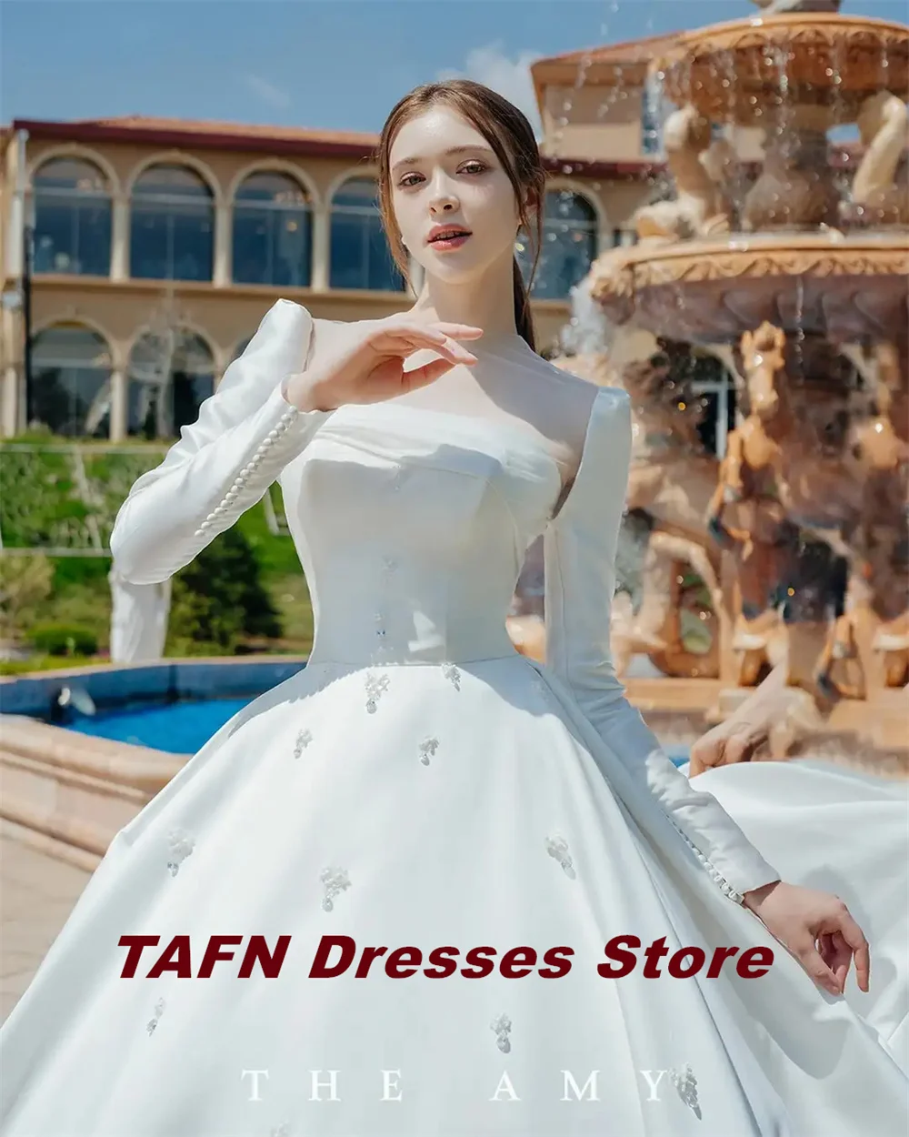 TAFN 2 Styles Wedding Dresses Detachable Long Sleeves A-line Princess Bridal Gown Satin Strapless 한국 웨딩드레스