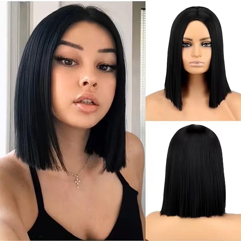Black12Inches, center parting BOB Wig Straight-cut short hair synthetic fiber full wig