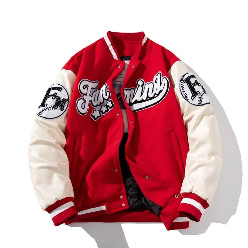 OIMG Color blocking baseball jacket men's hip-hop embroidery loose couple color blocking jacket with cotton thick coat