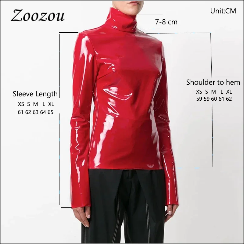 Women Shiny Faxu Leather Plus Size Turtleneck Tops Ladies Glossy Zipper PVC Pullover Black Red PU Leather 4XL 5XL 6XL Clothes