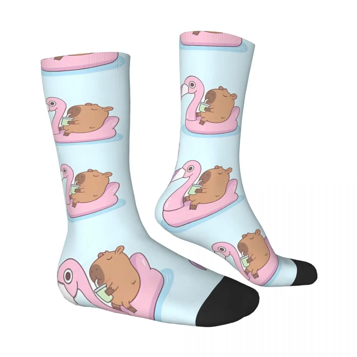 Cute Chilling On Pink Flamingo Pool Float Capybara Cartoon Socks Male Mens Women Spring Stockings Printed