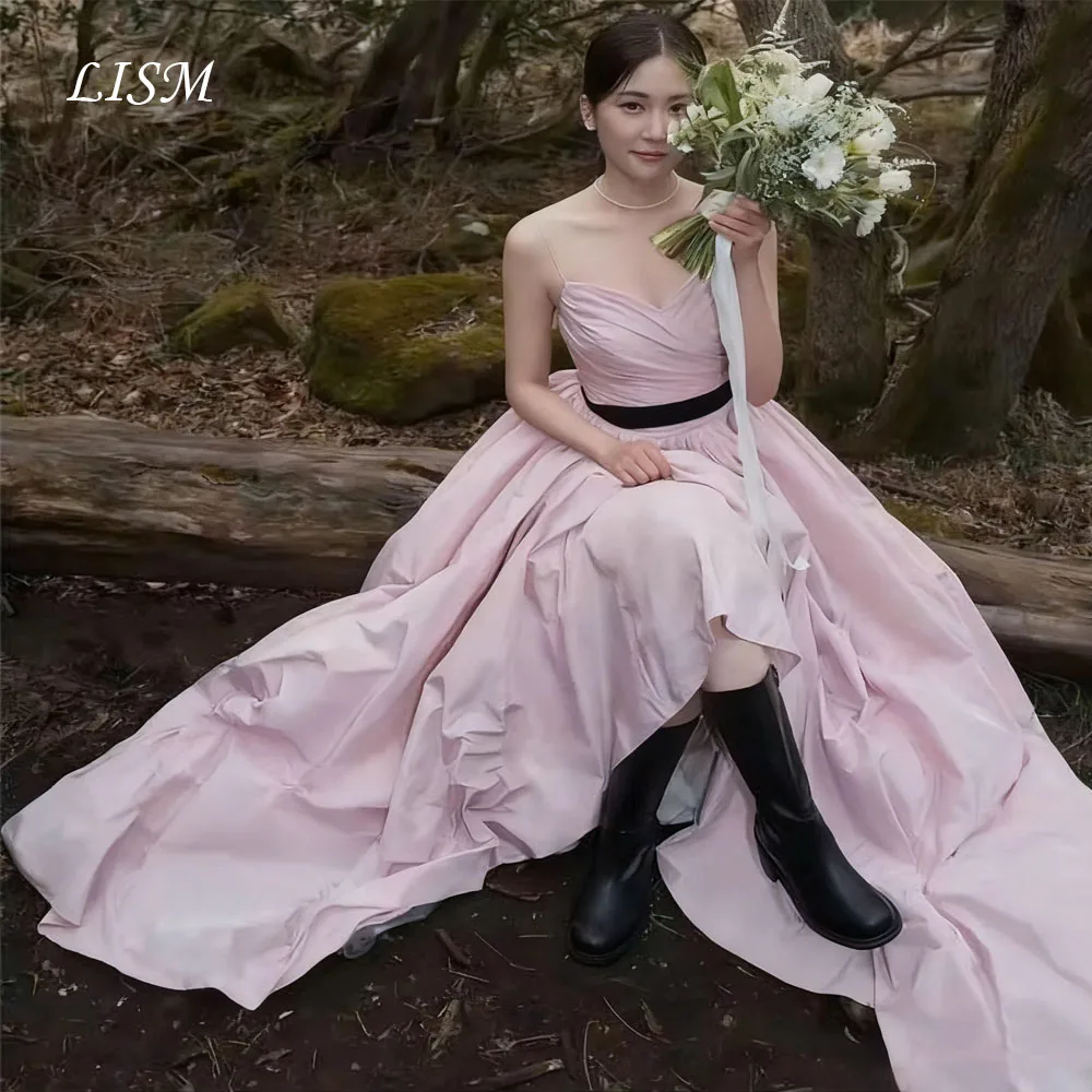 LISM Roze Koreaanse Avondjurken Spaghettibandjes Een Lijn Taft Bruids Zelf Trouwjurk Outdoor Fotoshoot Aangepaste Jurk