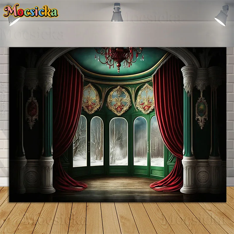 Fondo de decoración Interior de castillo, fotografía, cortinas rojas, pared clásica verde, retrato de vacaciones para niños, fondo de cumpleaños y boda