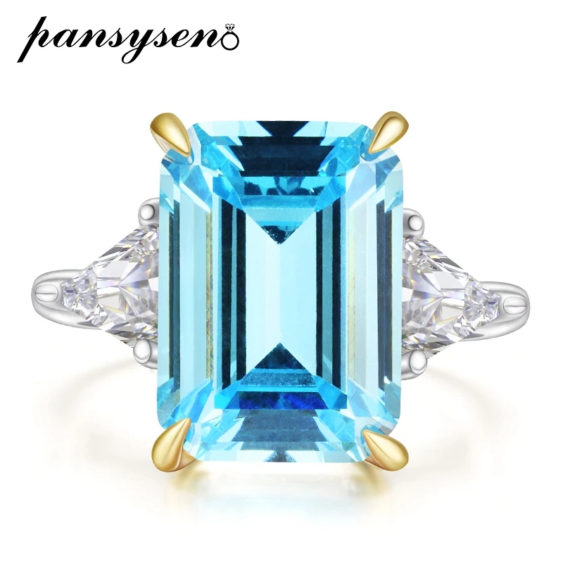 PANSYSEN Sparkling 7CT Emerald Cut Aquamarine High Carbon Diamond Party Ring 100% 925 Sterling Silver Fine Jewelry Drop Shipping