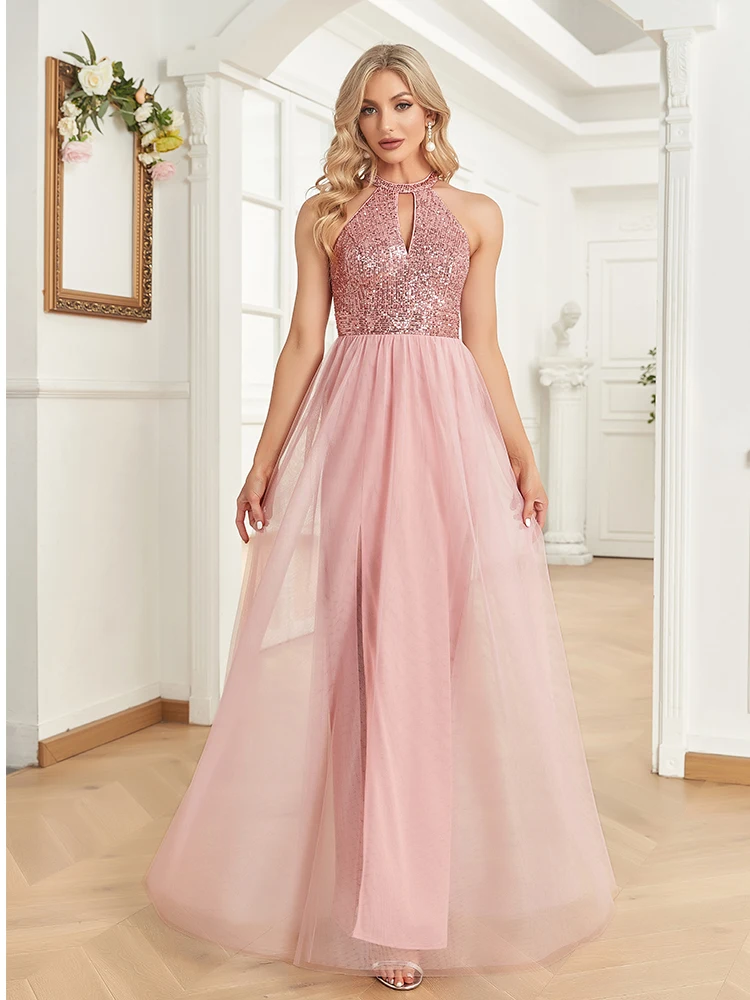 

Elegant Sequins Evening Dress For Women 2025 Deep V-neck Tulle Prom Wedding Party Pink Floor Length Cocktail Gowns