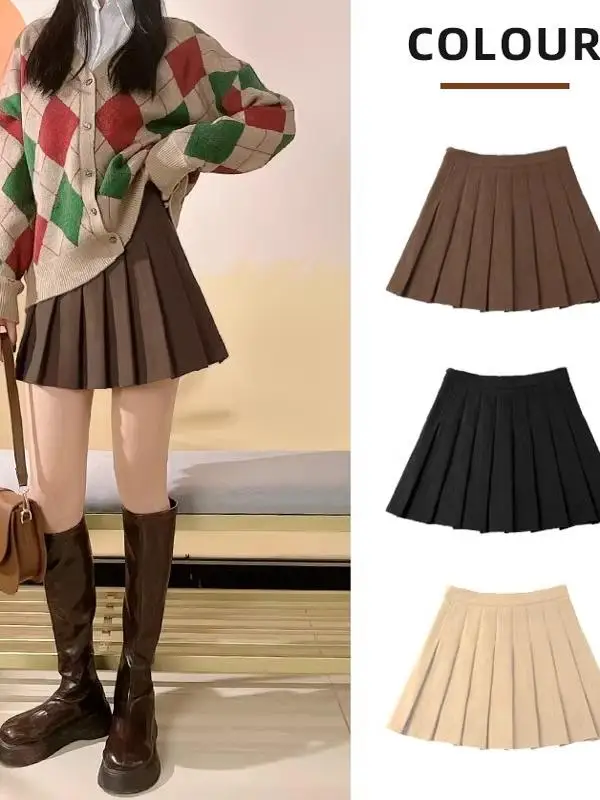 High Waist A-Line  Skirt for Women Short Pleated Woolen Skirt Autumn New Style Khaki Brown Student Commute Korean Version