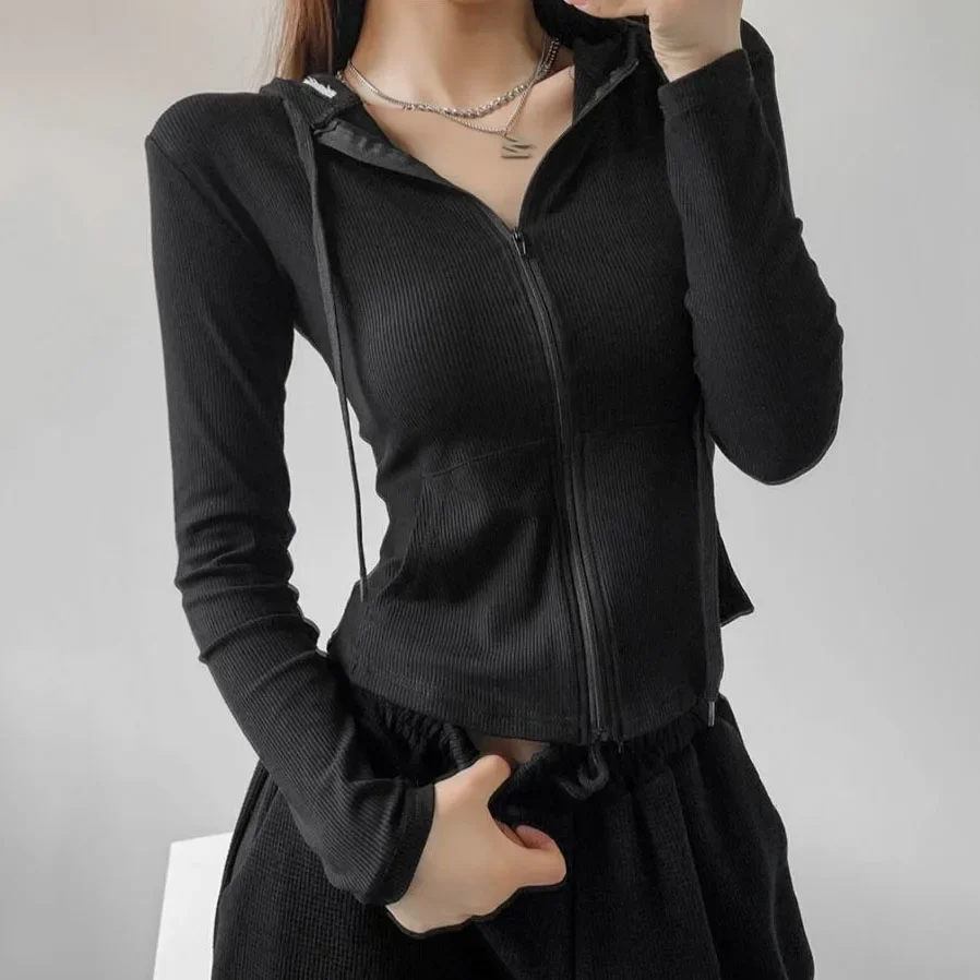 Street Style Zipper Up Slim Crop Tops Women Autumn New Thin Hooded Jacket Woman Korean Pocket Long Sleeve Shirt