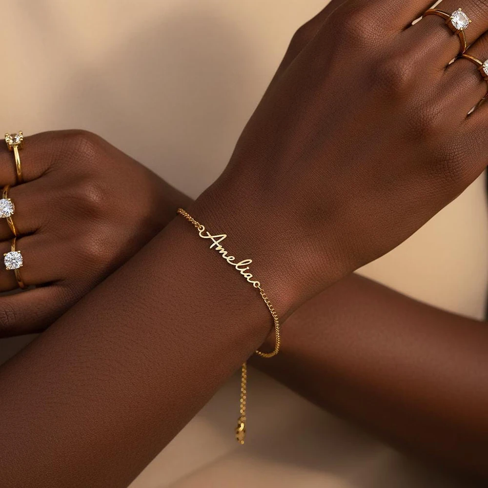 Custom Name Bracelet Personalized Gold Nameplate Bracelet Handmade Jewelry Gift Dainty Script Name Jewelry 18k Gold Plated