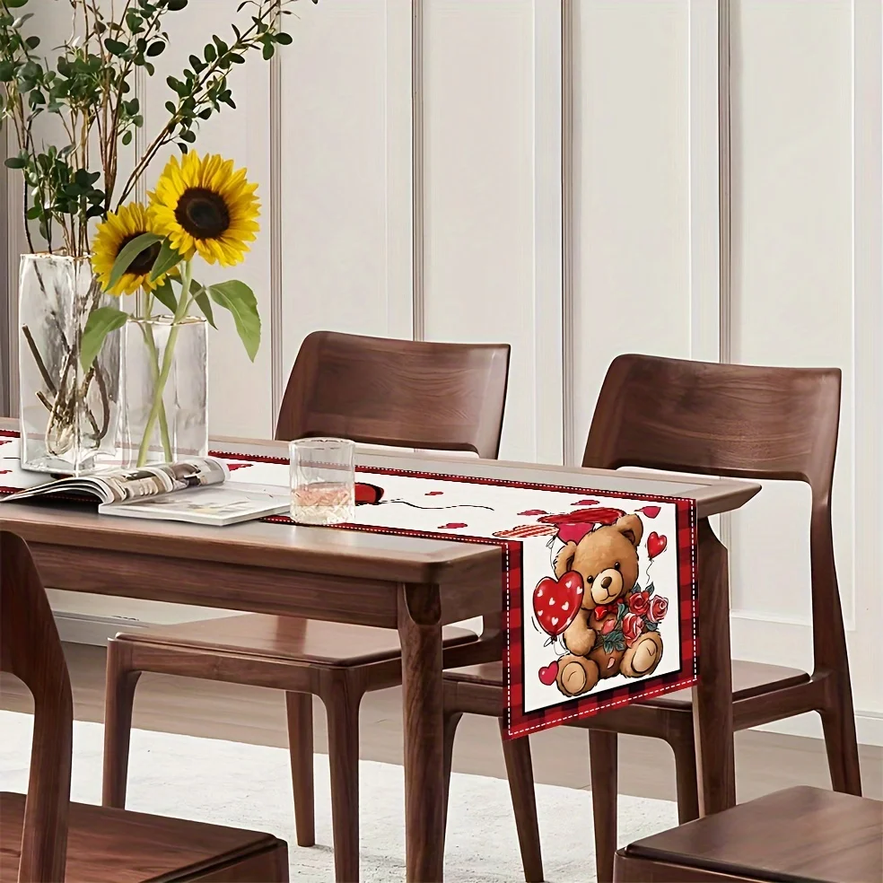 1pc Buffalo Plaid Heart Bear Print Valentine's Day Table Runner Romantic Decor For Wedding Anniversary Banquet Dining Table