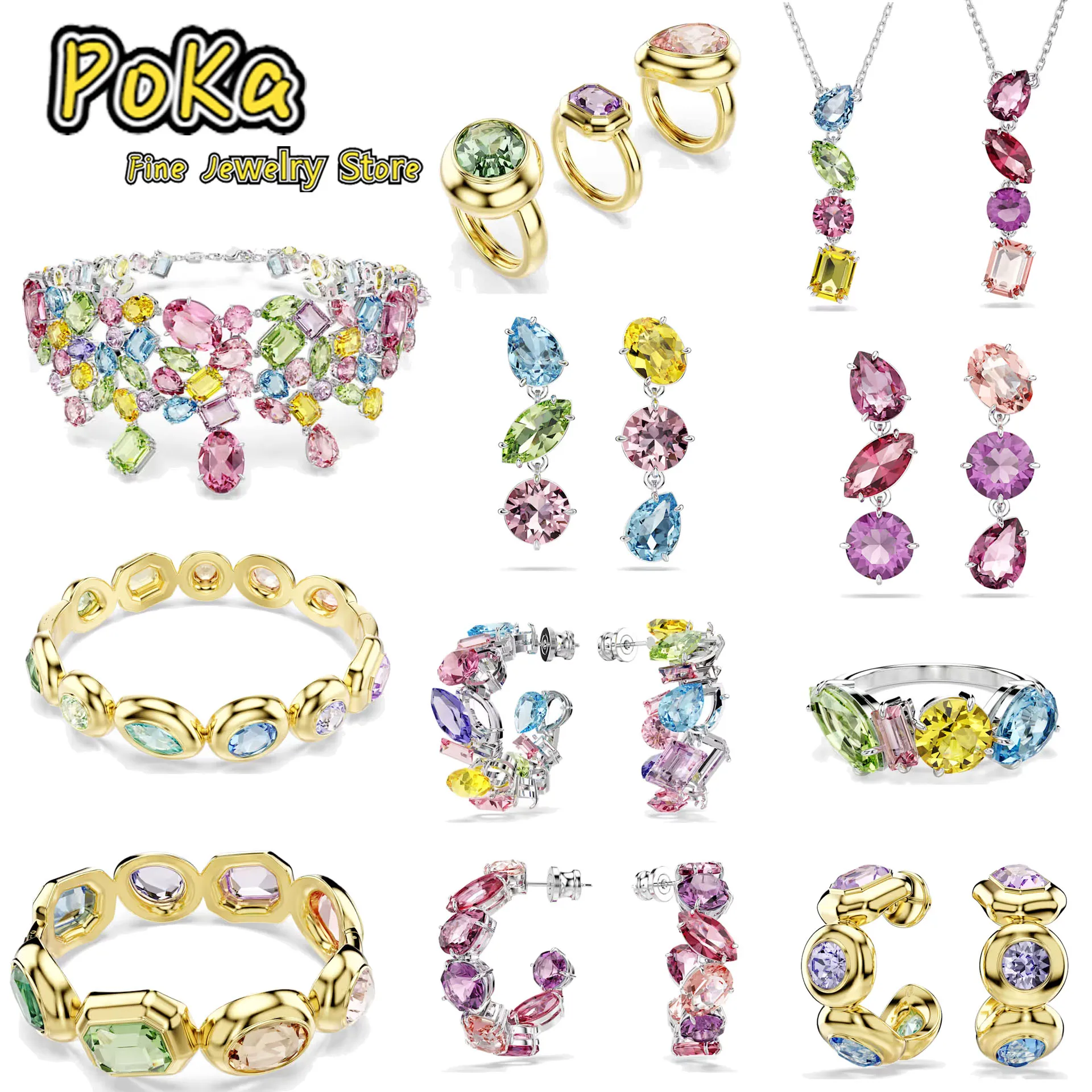 

Poka Candy Crystal 2026 New Year Jewelry Set Luxurious Geometric Exquisite Necklace Earring Bracelet Ring Wedding Gift for Women