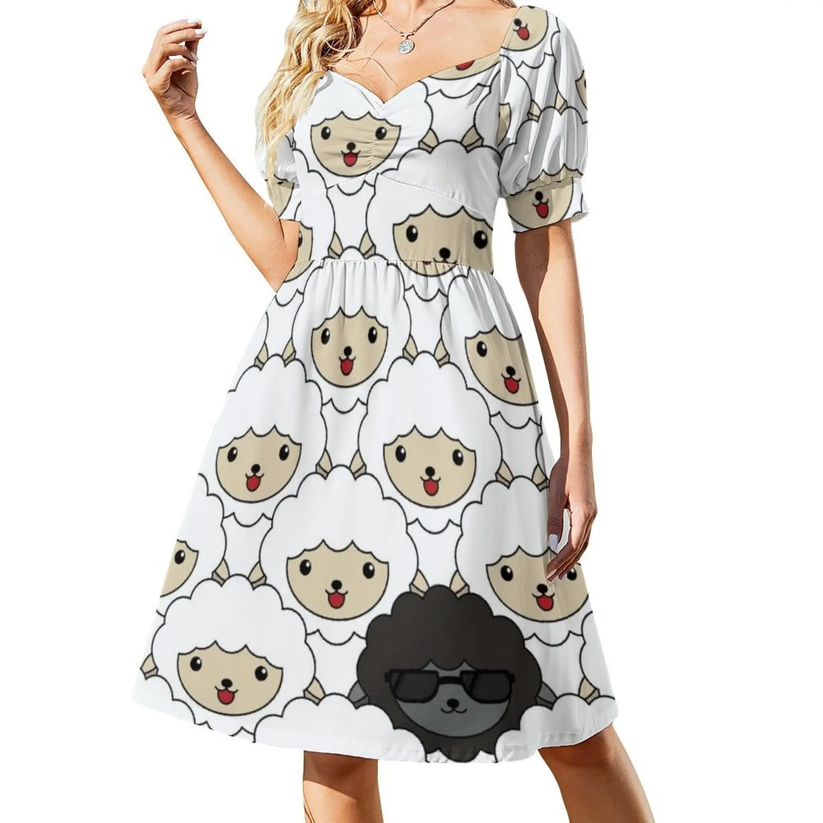 فستان كاجوال بنمط الأغنام الأسود على الطراز الكوري للنساء فساتين بسيطة يومية للمكتب للسيدات نمط الأغنام السوداء منبوذ #2