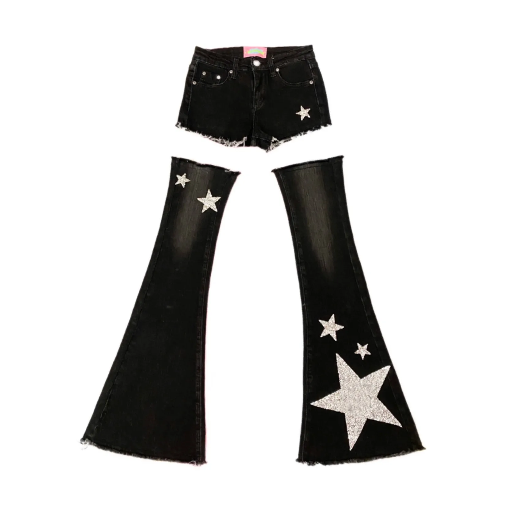 Pantalones vaqueros acampanados de tiro bajo con cuentas de estrellas para niñas, pantalones cortos negros, cubierta de pierna, dos formas de uso,