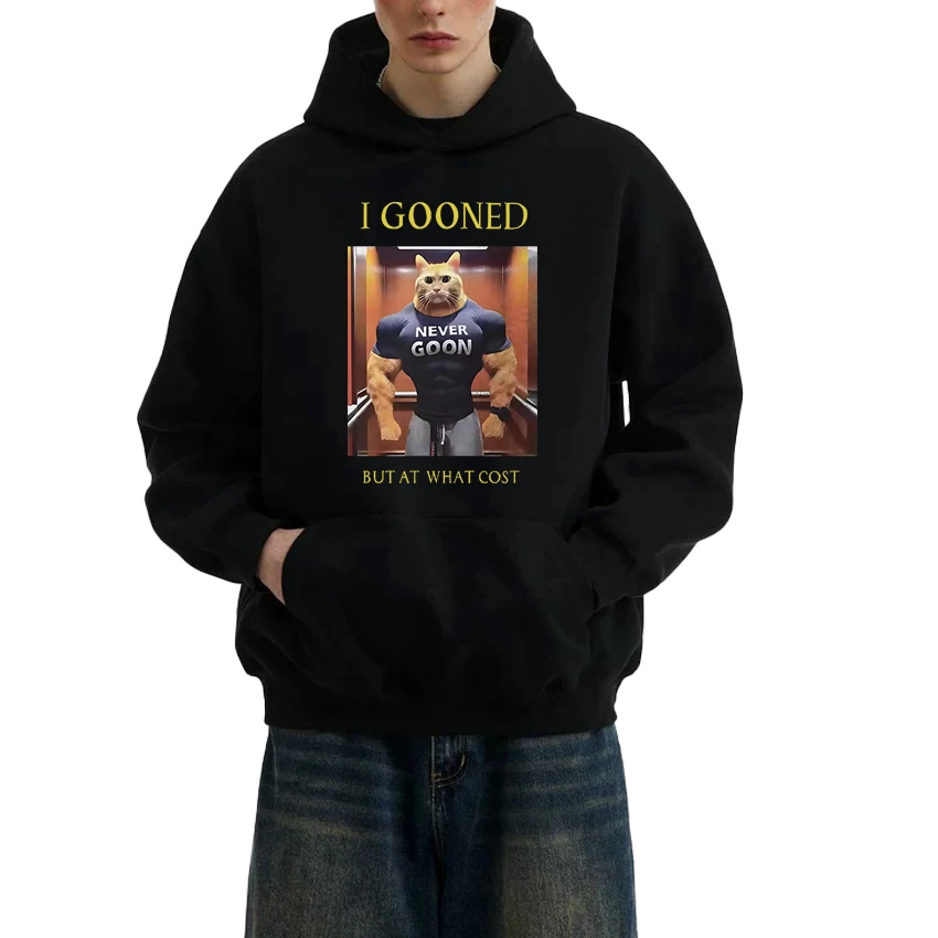 

Funny I Gooned But At What Cost Cat Meme Graphic Hoodie Unisex harajuku Casual pullover Men women Fleece Long sleeve Sweatshirt