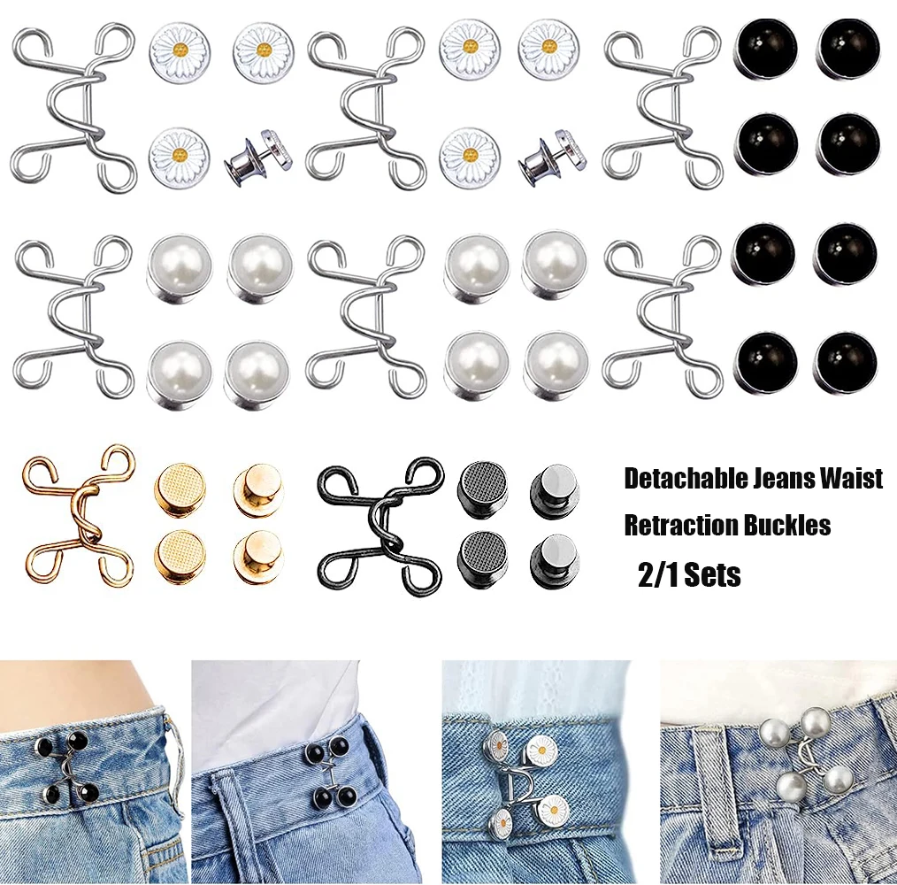 2 Sets Detachable Jeans Waist Retraction Buckles Adjustable Metal Tightener Waist Buckle DIY Clothing Jeans No Sewing Buttons